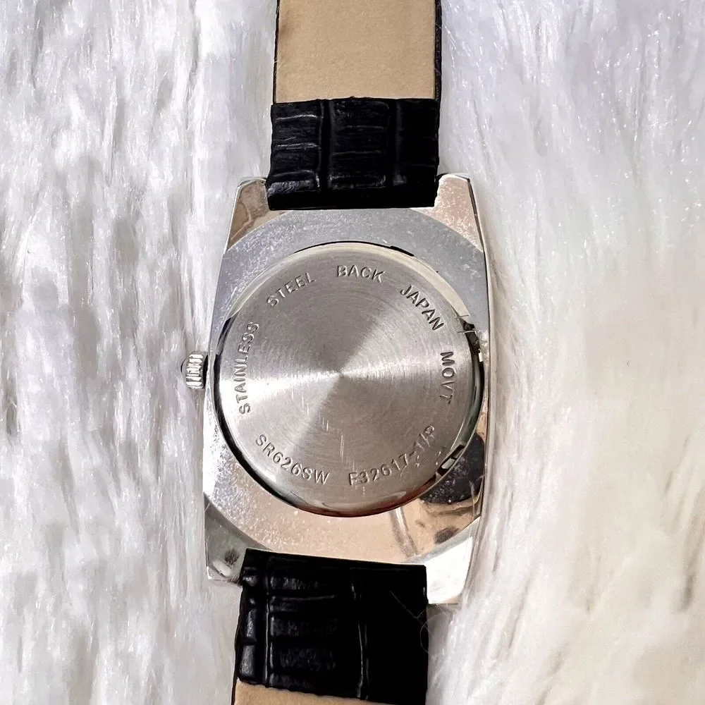 Vintage Women's Watch‎ Black Band Faux Leather Rhinestone Bezel Black Dial